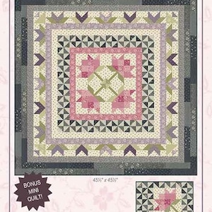 May include: A quilt pattern titled "Lilacs and Roses" with a floral design. The quilt features a central square with pink floral motifs, surrounded by geometric patterns in shades of gray, lavender, and green. The pattern includes a bonus mini quilt. The dimensions are 45.5" x 45.5" and 12.5" x 15.5".