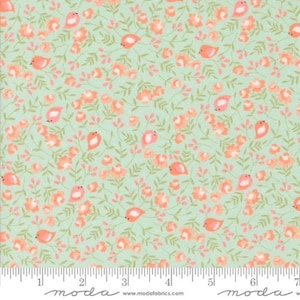 May include: A mint green fabric with a repeating pattern of small pink flowers and pink birds. The fabric has a subtle texture and a soft, delicate feel.