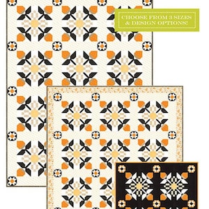 May include: Pecan Blossoms quilt pattern featuring a geometric design with orange, black, and white colors. Choose from 3 sizes and design options. Fig Tree & Co. by Joanna Figueroa.
