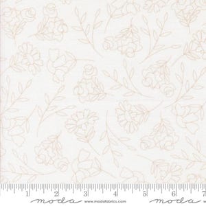 May include: White fabric with a delicate, repeating pattern of light brown floral sprigs and leaves. The fabric is marked with a ruler and the words "moda" and "www.modafabrics.com".