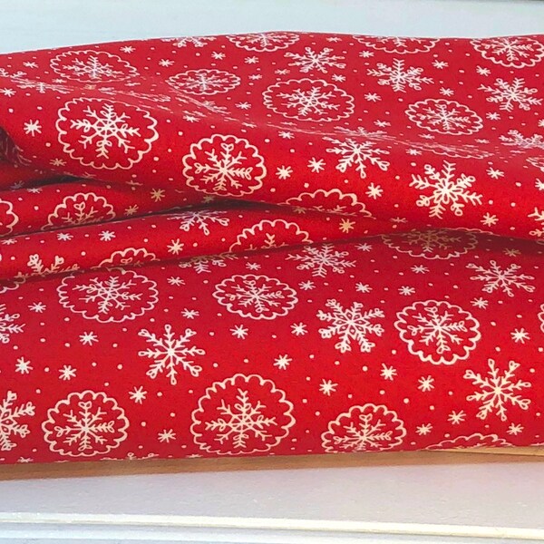 Deck the Halls, Let It Snow Red Quilt Fabric by Stacy Iest Hsu of Moda, Tonal Snowflakes in Cream, 20691 12, Sold by 1/2 Yard