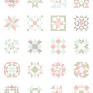 May include: A set of 16 quilt block patterns in a variety of colors and designs. The patterns are all in a square shape and feature a variety of geometric shapes, including stars, squares, and triangles.