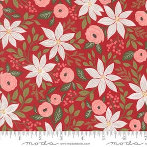 May include: Red fabric with a floral pattern featuring white poinsettias, pink roses, and green leaves. The design includes small red berries and gold accents. The fabric is marked with a ruler along the bottom edge.