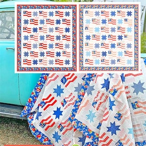 May include: Two quilts with patriotic designs featuring red, white, and blue stars and stripes. One quilt is folded, displaying a similar pattern. The text "For Rosie" is at the top, and "WILL YOU GO CLASSIC OR" is at the bottom.