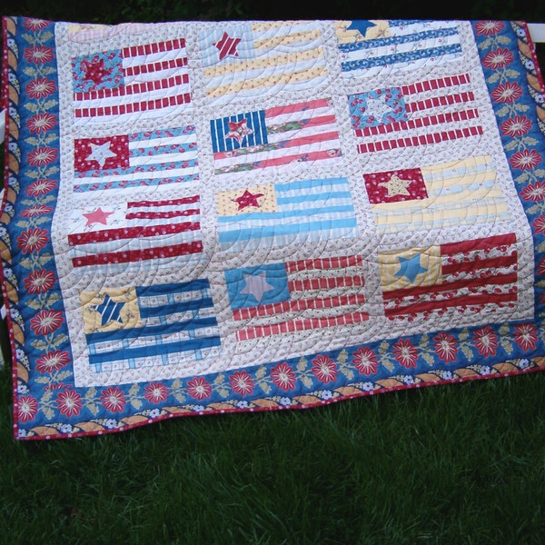 Cottage Chic American Flag Quilt, Beachy Feel, Bright Colors, Moda's Minick & Simpson, Charlevoix,American Primer, Baptist Fan Quilting
