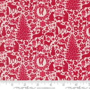May include: Red and white Christmas fabric with a repeating pattern of various holiday icons, including a Christmas tree, a wreath, a star, a reindeer, a snowman, a bell, a candy cane, a bird, a present, a gingerbread man, a stocking, a snowflake, and the words "Oh Holy Night".