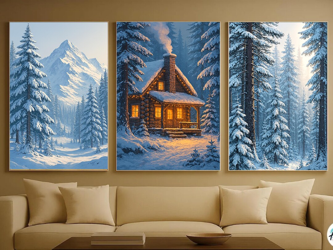 3 Piece Cozy Cabin Wall Art Set | Winter Mountain Landscape Digital ...