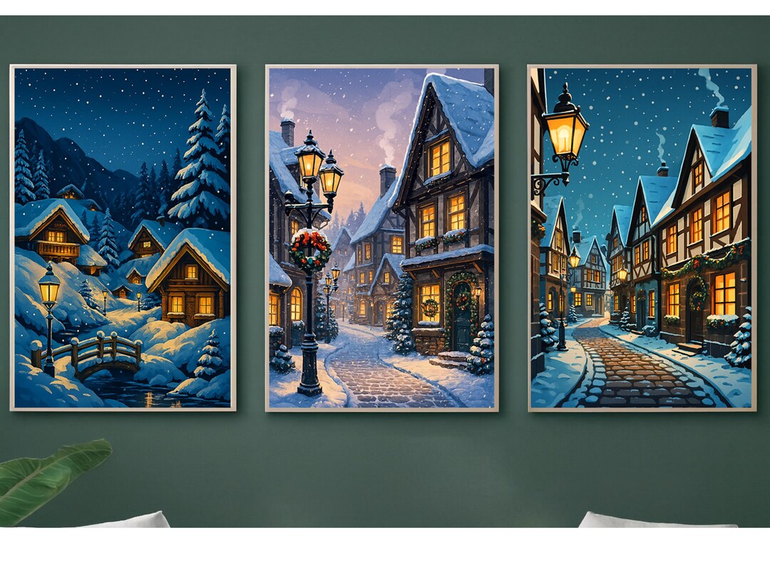 Cozy Christmas Village Print Set, Snowy Winter Town Wall Art, Vintage ...
