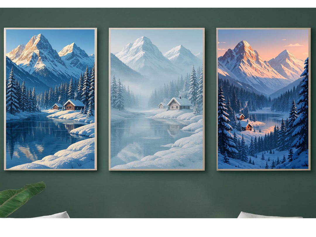 Winter Mountain Landscape Print Set, Snowy Cabin Lake Art, Alpine ...