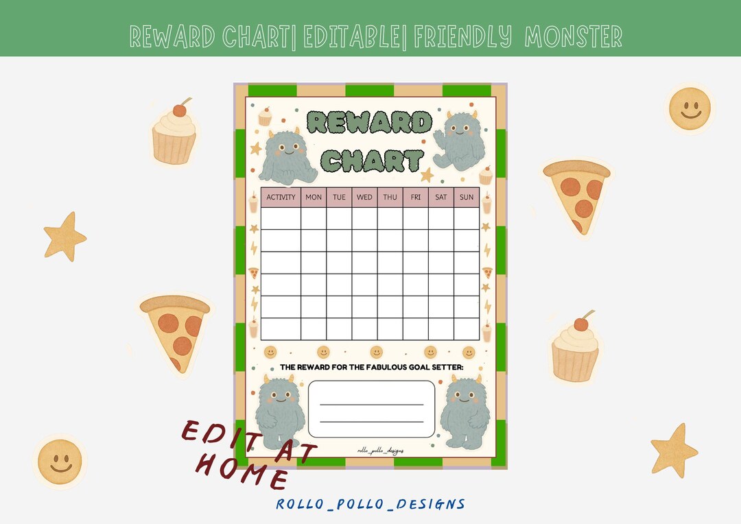 Pizza Reward Chart Editable Reward Chart for Kids – Friendly Pizza Monster | Cute ...