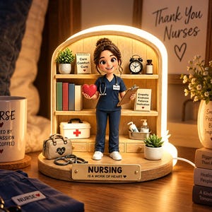 Può includere: Uno scaffale in legno illuminato con una statuetta di infermiere che tiene un cuore rosso, circondato da articoli medici in miniatura, libri e un cartello con la scritta NURSING IS A WORK OF HEART. Accanto c'è una tazza bianca con il testo NURSE FUELED BY COMPASSION.