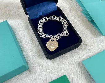 Tiffany&#39;s Bracele Sterling Silver Heart Tag Bracelet | Elegant Designer-Inspired Charm Bracelet | Gift for Her Birthday