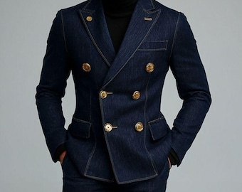 Men’s Denim Blazer Suit | Elegant Double Breasted Blue Jean Suit | Tailored Slim Fit Outfit