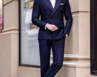 Terno masculino sob medida em algodão azul marinho: blazer e calça abotoados duplos