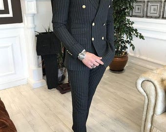 Slim Fit Pinstripe Suit: Men's Double Breasted Blazer & Pants Set
