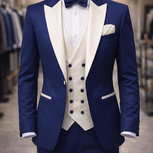 Esmoquin azul marino, solapa de chal color marfil, traje de boda de 3 piezas, conjunto de blazer formal para graduación.