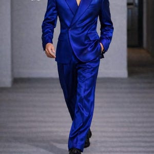 Royal Blau Satin Slim Fit Anzug, glänzende Hochzeit Party Smoking Set