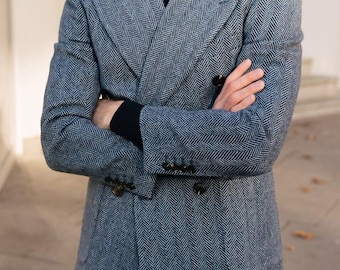 Custom Tailored Herringbone Wool Blazer • Double-Breasted Peak Lapel