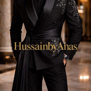 Black Embroidered Tuxedo Suit for Men, Luxury Designer Wedding Suit, Satin Shawl Lapel Blazer, Groom Reception Prom Party Suit, Custom suit,