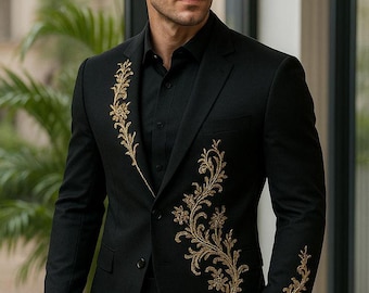 Traje negro para hombre con bordado floral dorado / Esmoquin de boda