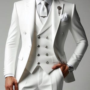 White Slim Fit Tuxedo Suit: Double Breasted Waistcoat Wedding Groom Outfit