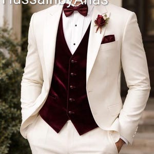Costume de mariage ivoire pour homme gilet en velours bordeaux 3 pièces smoking tenue de réception formelle