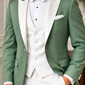 Herren Sage Green Schal Revers Smoking Anzug, Weiße Weste Hose, 3-teilige Custom Abendkleidung