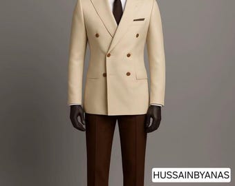 Blazer cruzado color crema para hombre, chaqueta de traje de mezcla de lana a medida