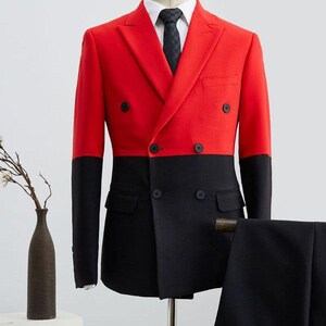 Dwurzędowy garnitur męski w kolorze czerwono-czarnym, smoking dwukolorowy, garnitur ślubny dla mężczyzn, strój na bal maturalny, garnitur formalny od projektanta, komplet marynarki szyty na miarę