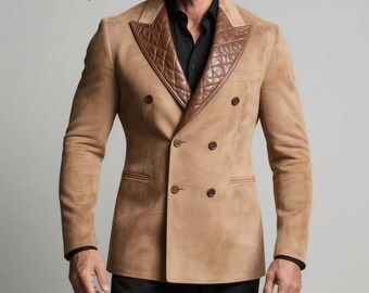 Men's Tan Suede Double-Breasted Blazer – Quilted Leather Lapel, Custom Made