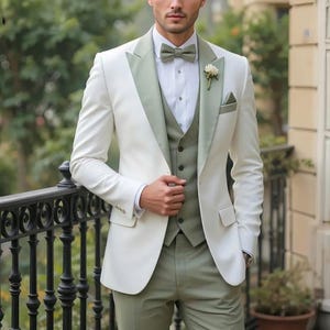May include: A three-piece suit in ivory and sage green. The jacket features sage green lapels, complemented by a matching waistcoat and trousers. A white dress shirt, sage green bow tie, and a flower boutonniere complete the formal ensemble. The suit is tailored for a classic, elegant look.