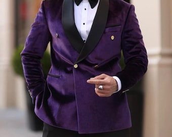 Chaqueta de esmoquin de terciopelo púrpura de lujo / Blazer con solapa de chal hecho a mano