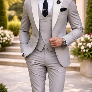Light Grey 3 Piece Suit, Men's Slim Fit Wedding Formal Blazer Vest Pants Set