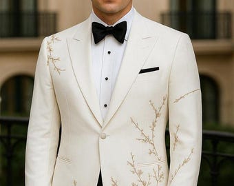 Men's Ivory Embroidered Wedding Blazer | Gold Floral Tuxedo Jacket