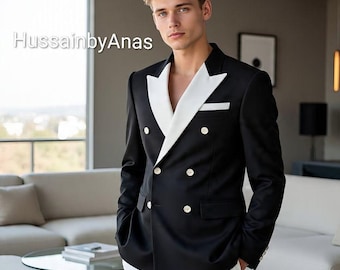 Men's Double Breasted Tuxedo Blazer - Black & White Satin Lapel