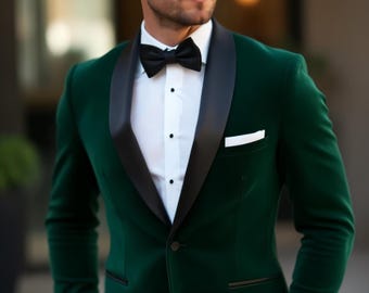 Handmade Emerald Green Velvet Tuxedo: Black Lapel Wedding Suit