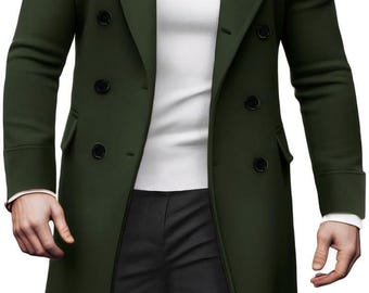Sobretudo masculino verde-escuro comprido – Casaco de inverno com abotoamento duplo, elegante jaqueta estilo trench coat formal