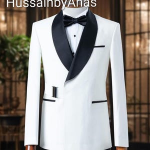 Biała męska marynarka smokingowa, czarny szalowy kołnierz, garnitur pana młodego na zamówienie, formalna marynarka na bal maturalny