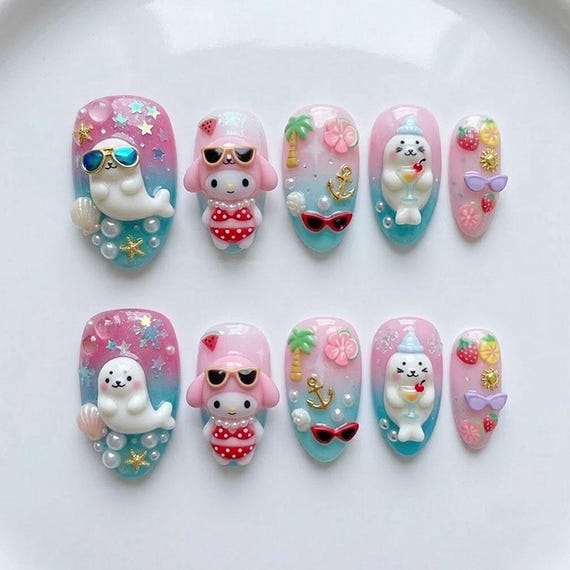 Kawaii Summer Beach Press On Nails / Cute 3D Seal Bunny Nails / Pastel Ocean Nails / Vacation Nails / Tropical Cute Nails