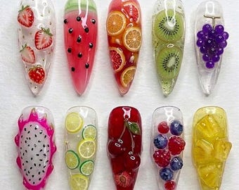 3D Fruit Press On Nails / Strawberry Watermelon Kiwi Lemon Nails / Jelly Fruit Nails / Cute Summer Nails / Kawaii Food Nail Art