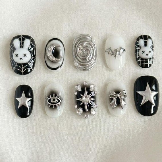 Gothic Bunny Press On Nails / Black Silver 3D Charm Nails / Y2K Star Bat Moon Nails / Dark Kawaii Handmade Glue On Nails