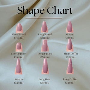 May include: A nail shape chart with nine different nail shapes, including Short Round, Long Round, Almond, Short Square, Long Square, Short Coffin, Stiletto, Long Oval, and Long Coffin. Each shape is displayed with its length in millimeters.
