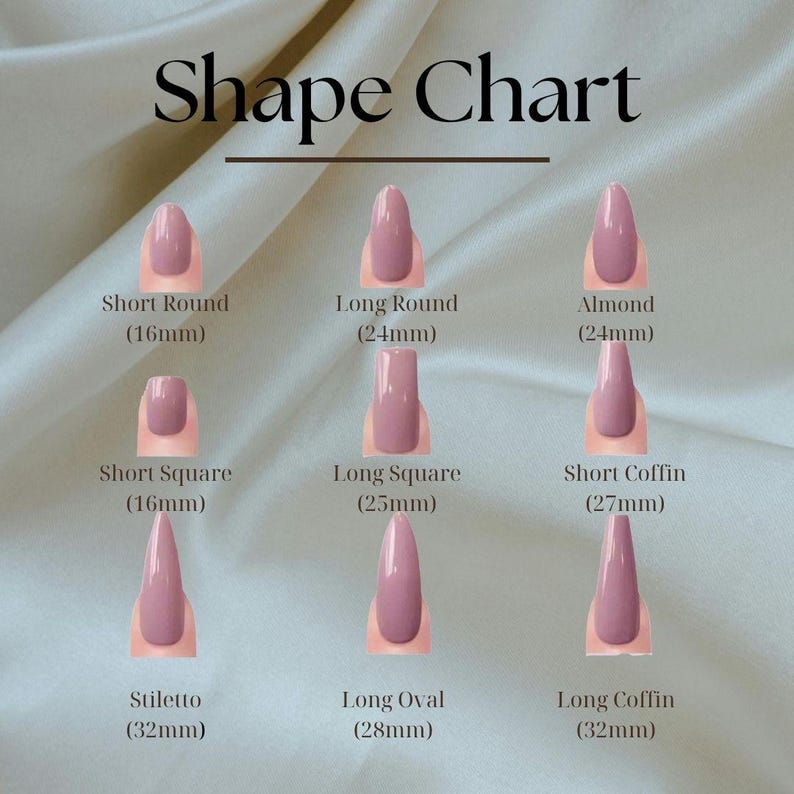 May include: A nail shape chart with nine different nail shapes, including Short Round, Long Round, Almond, Short Square, Long Square, Short Coffin, Stiletto, Long Oval, and Long Coffin. Each shape is displayed with its length in millimeters.