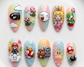 Uñas postizas hechas a mano de Super Mario / Uñas de personajes de Nintendo / Uñas 3D de Yoshi, Princesa Peach y Boo / Uñas postizas lindas para gamers