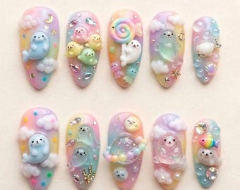 Kawaii Seal Press On Nails / Pastel Ocean Nails / 3D Cute Animal Nail Art / Rainbow Gradient Nails / Handmade Acrylic Nails