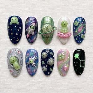Handmade Alien Press On Nails / Galaxy Space Nails / Cute UFO Nails / 3D Cartoon Nails / Cosmic Aesthetic Set
