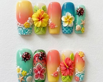 Tropical Flower 3D Press On Nails / Beach Summer Nails / Hibiscus Mermaid Design / Ombre Gradient Nails / Handmade Gel Nail Set