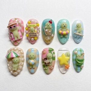 Handmade Cute Character Press On Nails / Summer Beach Nails / Kawaii Mini Figure Nails / 3D Pastel Nails / Fun Vacation Set