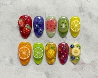 Handmade Fruit Press On Nails / Jelly Nails 3D Fruit / Cute Summer Nails / Colorful Transparent Nails / Glossy Nails