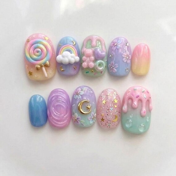 Pastel Candy 3D Press On Nails / Cute Rainbow Nails / Sweet Dessert Nails / Kawaii Glossy Nails / Soft Girl Nail Art